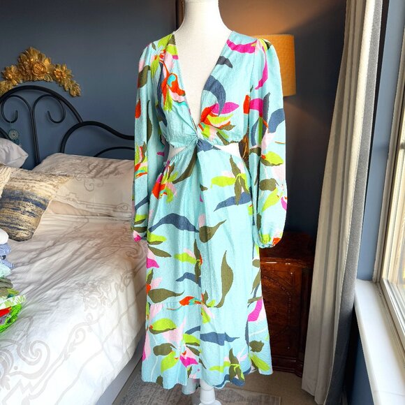 Gorgeous Sky Blue Multicolour Print Cutout Long Sleeved Dress - Picture 1 of 12